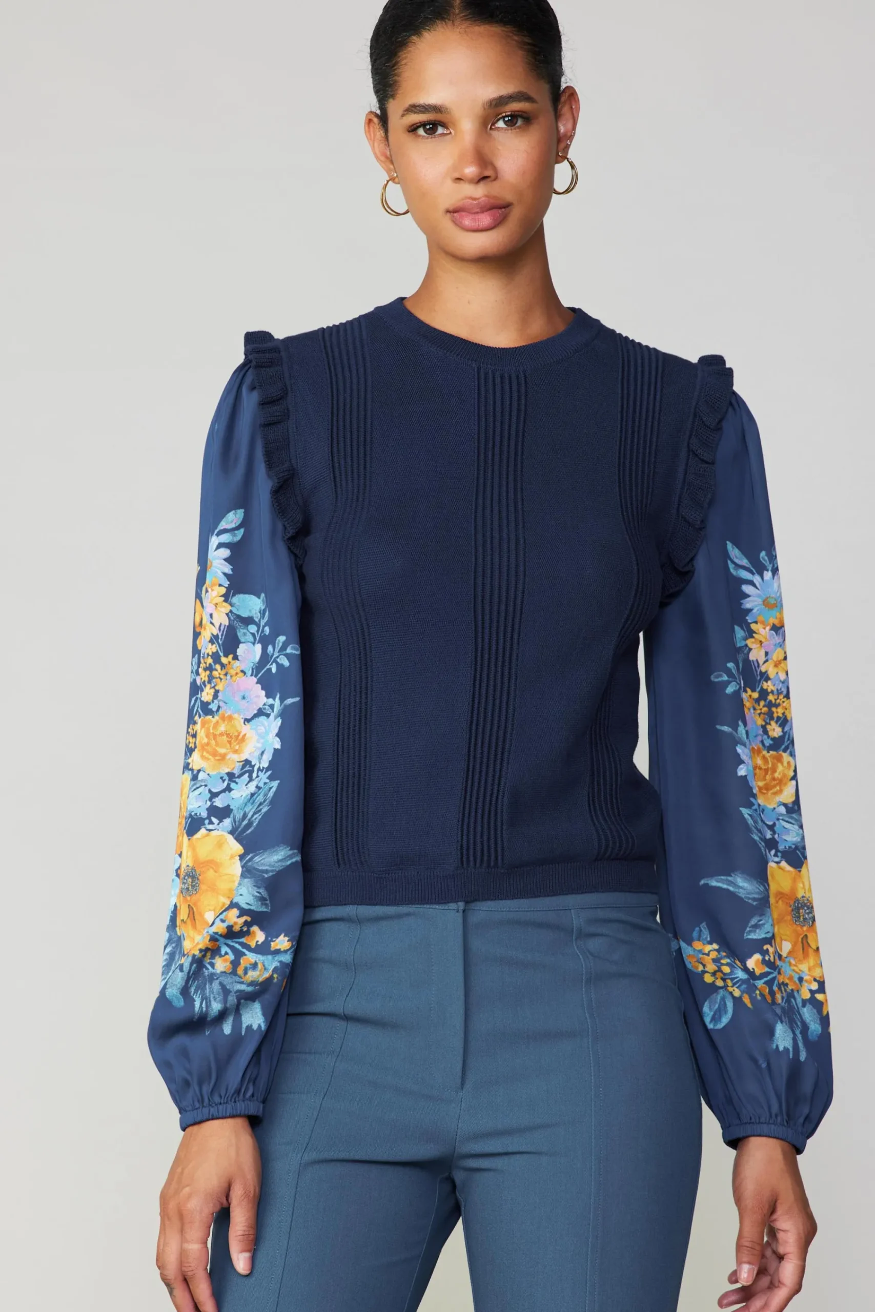 Current Air Sweaters-Floral Print Contrast Sweater Top NAVY