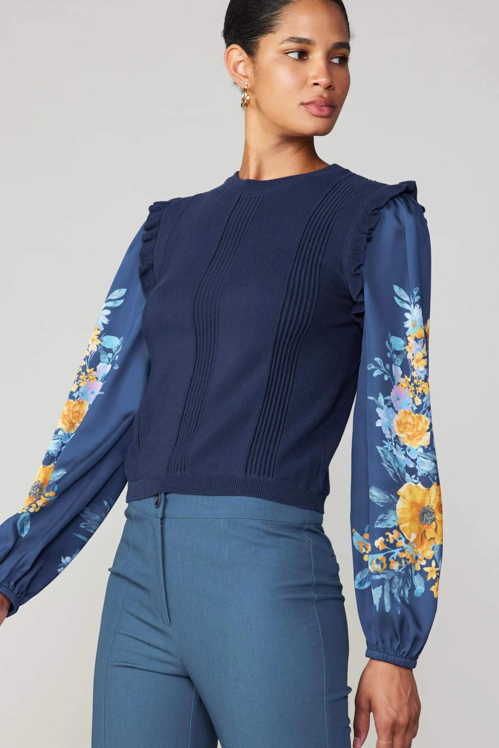 Current Air Sweaters-Floral Print Contrast Sweater Top NAVY