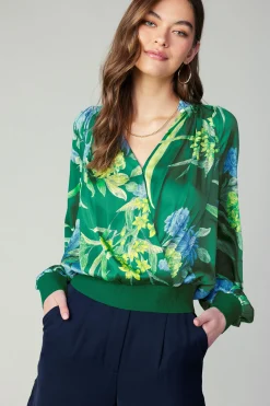Current Air Long Sleeve Tops-Floral Print Surplice Blouse GREENFLORAL