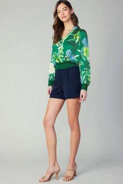Current Air Long Sleeve Tops-Floral Print Surplice Blouse GREENFLORAL