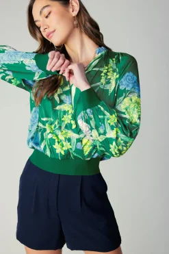 Current Air Long Sleeve Tops-Floral Print Surplice Blouse GREENFLORAL