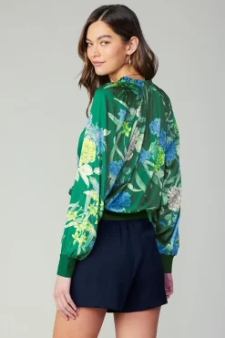 Current Air Long Sleeve Tops-Floral Print Surplice Blouse GREENFLORAL