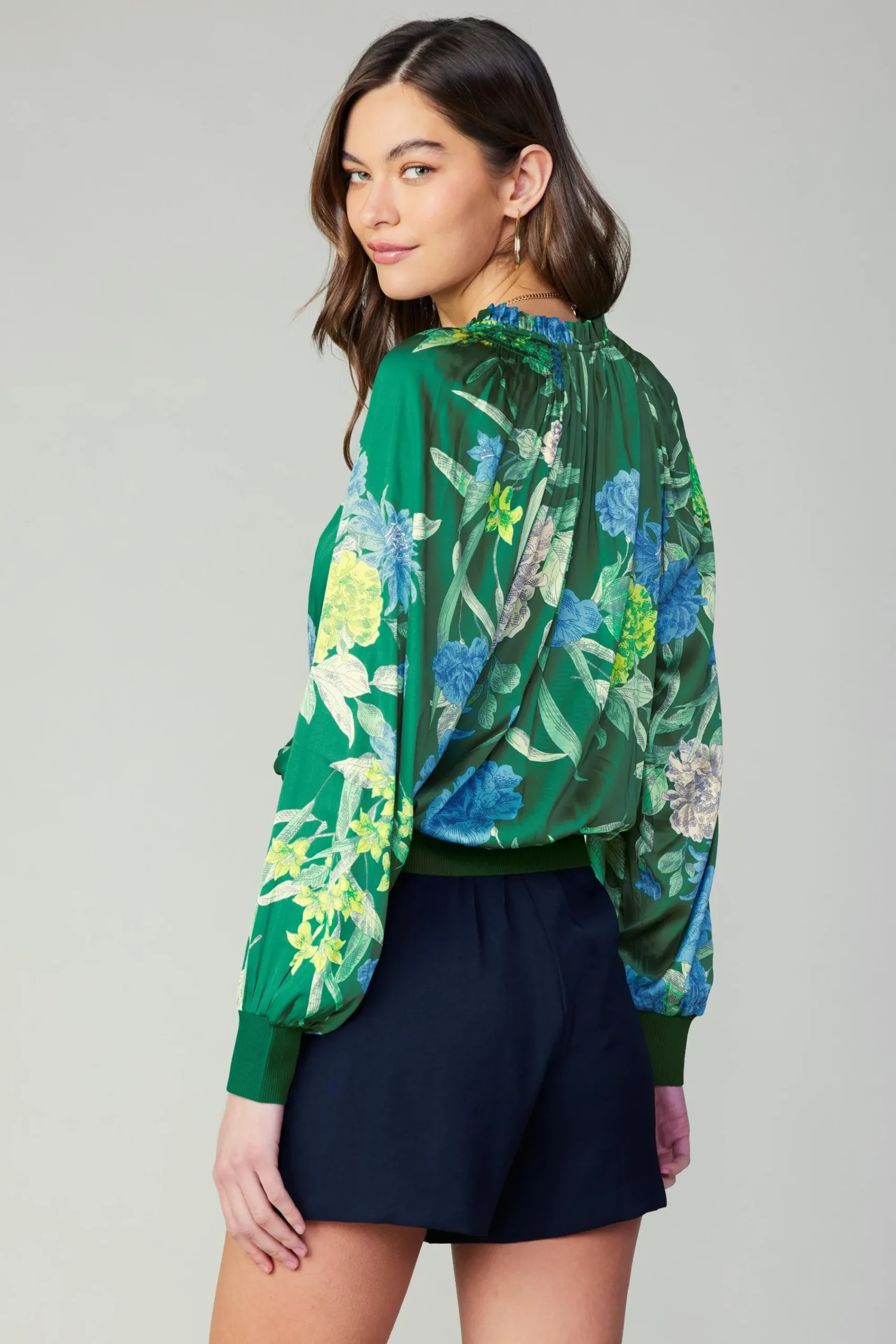 Current Air Long Sleeve Tops-Floral Print Surplice Blouse GREENFLORAL
