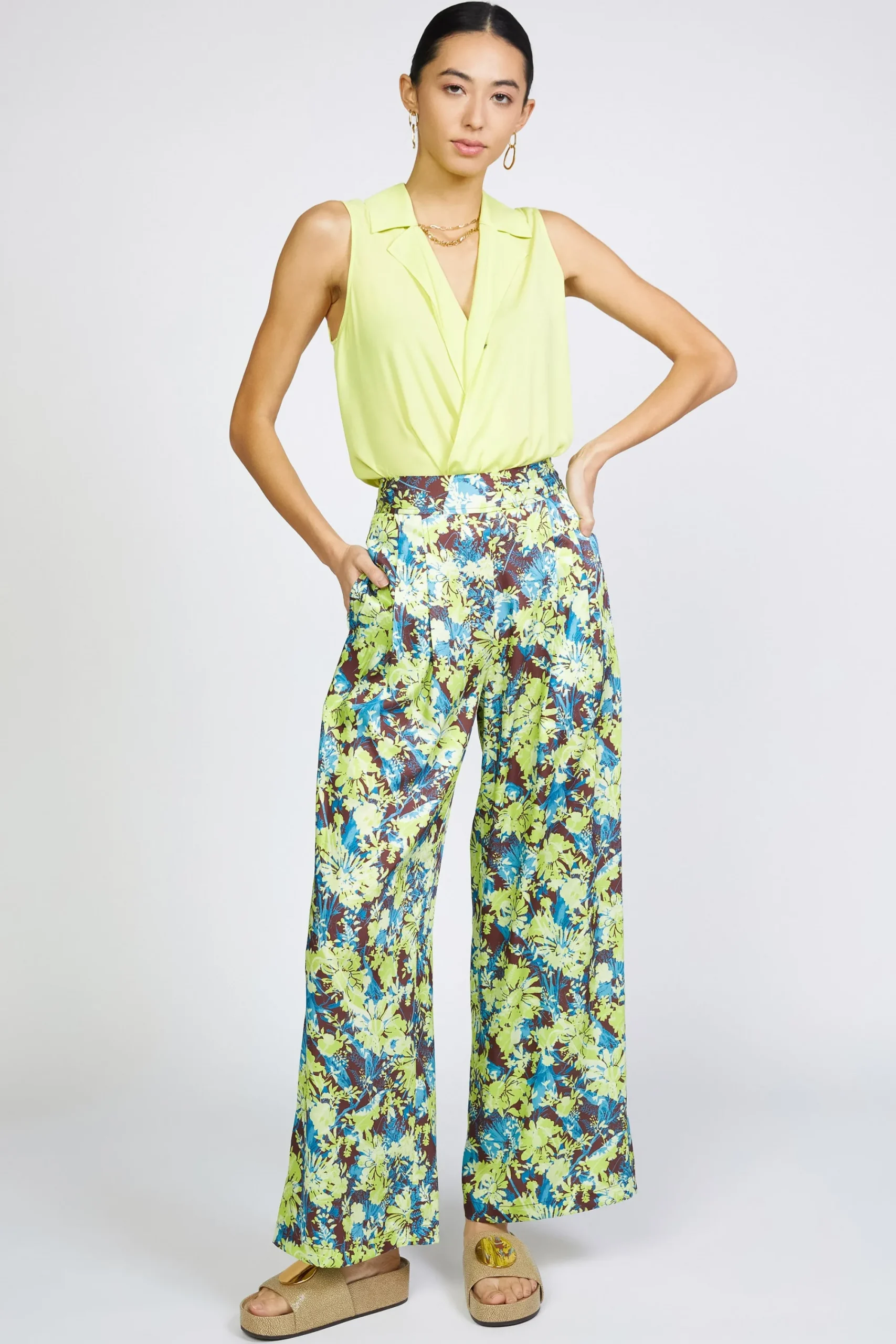 Current Air Pants-Floral Print Wide Pants LIMEFLORAL
