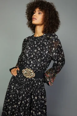 Current Air Midi Dresses-Floral Smocked Midi Dress BLACKFLORAL