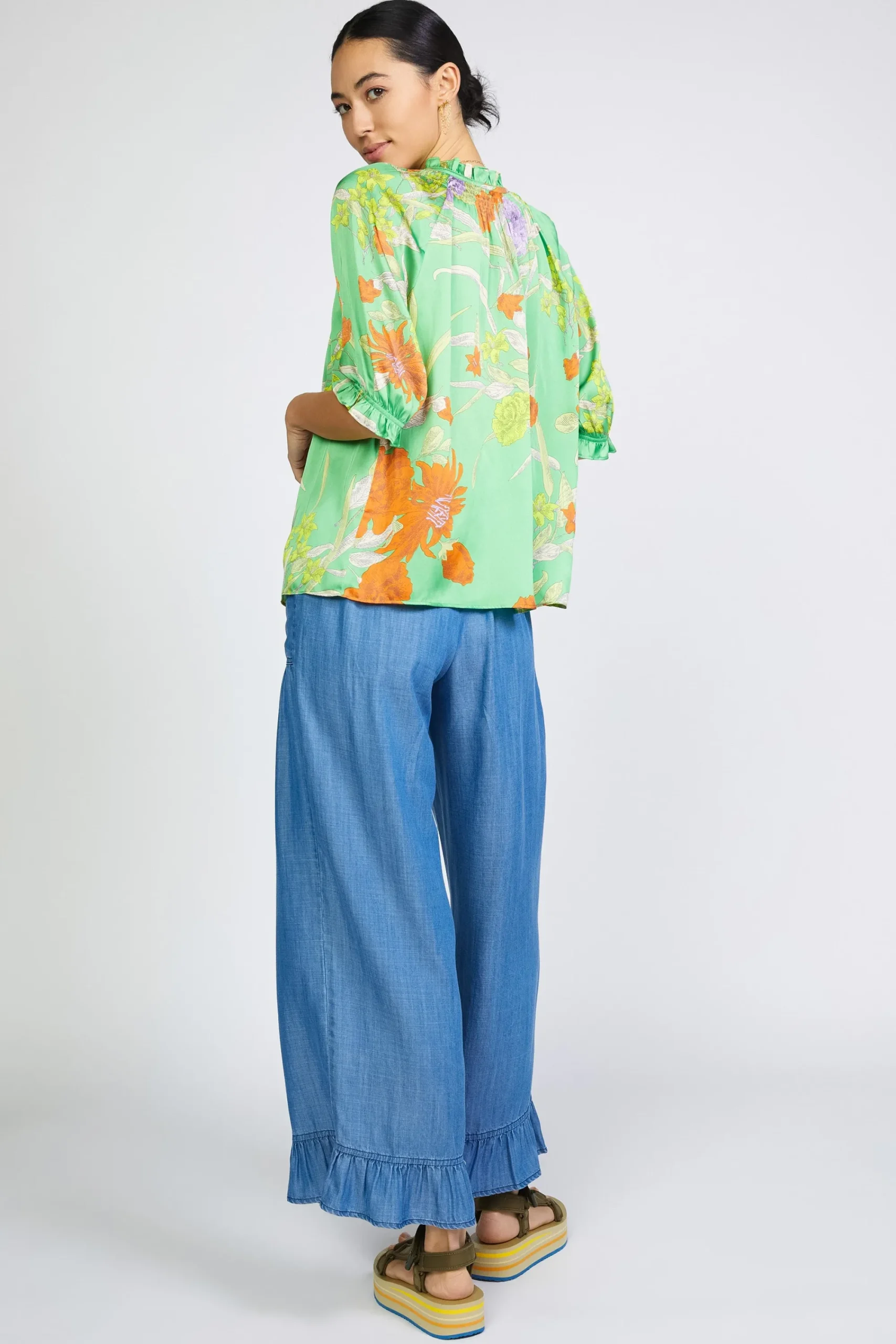 Current Air Short Sleeve Tops-Floral Split Neck Blouse FLORALGREEN