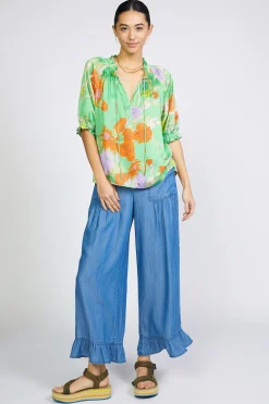 Current Air Short Sleeve Tops-Floral Split Neck Blouse FLORALGREEN