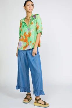 Current Air Short Sleeve Tops-Floral Split Neck Blouse FLORALGREEN