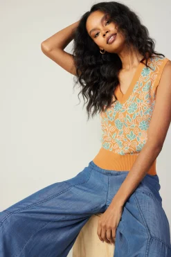 Current Air Knitwear | Sleeveless Tops-Floral Sweater Vest ORANGEMLT