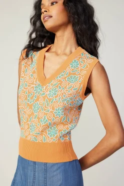 Current Air Knitwear | Sleeveless Tops-Floral Sweater Vest ORANGEMLT