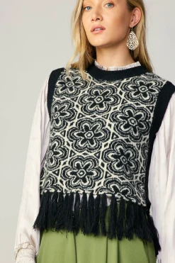Current Air Sweaters-Floral Tassel Sweater Vest BLACK