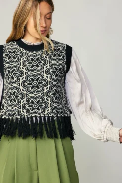 Current Air Sweaters-Floral Tassel Sweater Vest BLACK