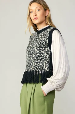 Current Air Sweaters-Floral Tassel Sweater Vest BLACK