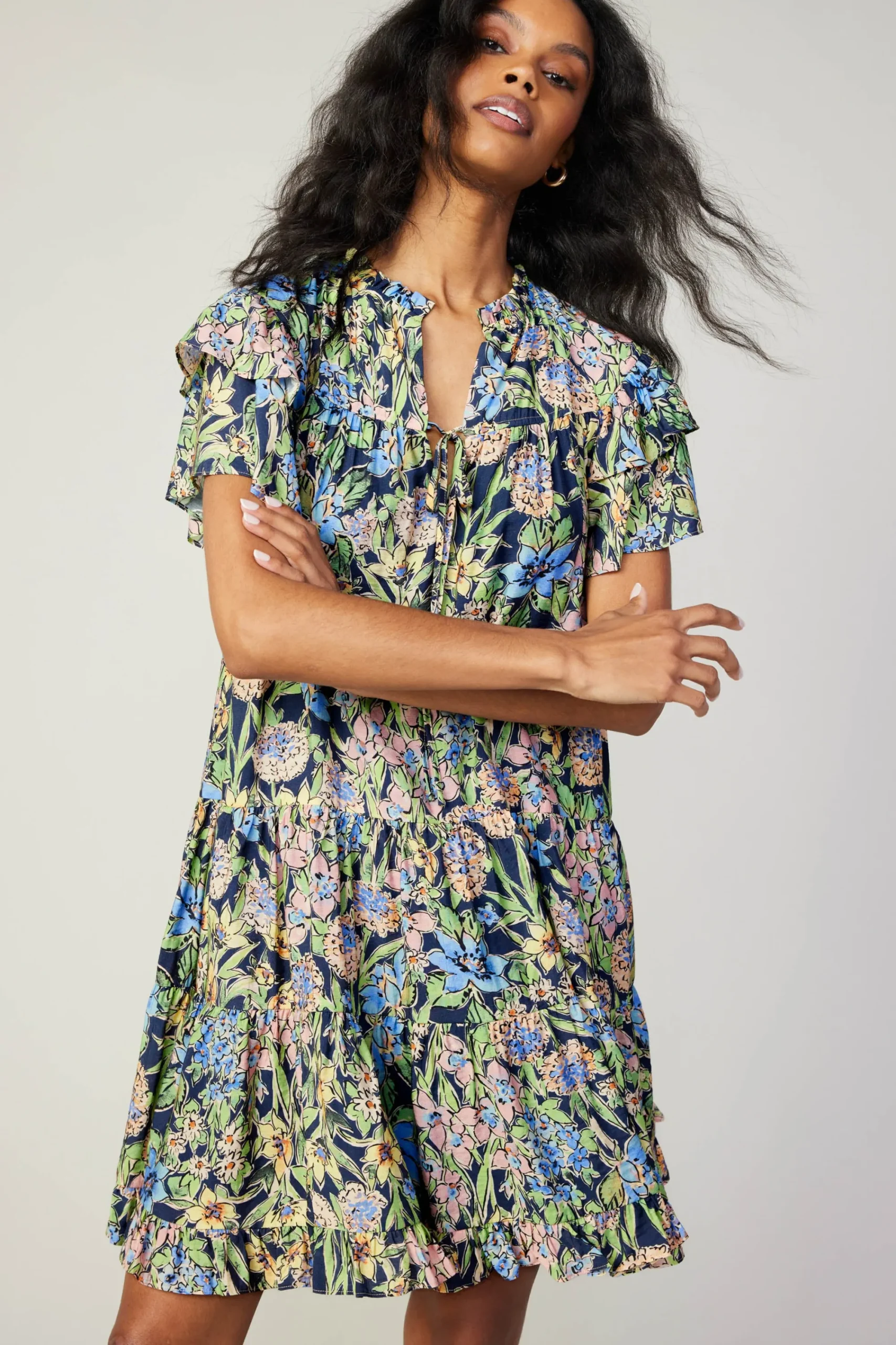 Current Air Mini Dresses-Flutter Sleeve Floral Print Dress FLORALMLT