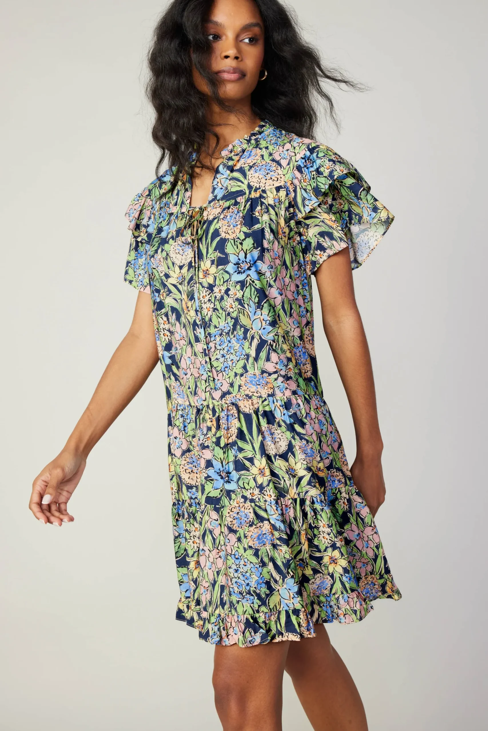 Current Air Mini Dresses-Flutter Sleeve Floral Print Dress FLORALMLT