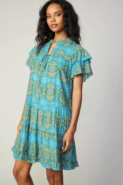 Current Air Mini Dresses-Flutter Sleeve Geo Print Dress BLUE