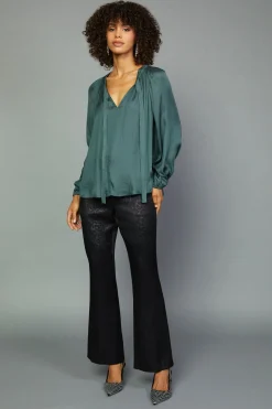 Current Air Long Sleeve Tops-Gathered Bow Tie Blouse FORESTGREEN