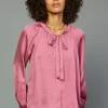 Current Air Long Sleeve Tops-Gathered Bow Tie Blouse MULBERRY