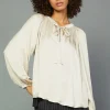 Current Air Long Sleeve Tops-Gathered Bow Tie Blouse CREAM