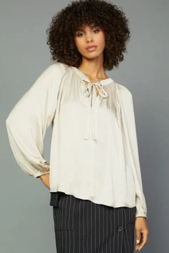 Current Air Long Sleeve Tops-Gathered Bow Tie Blouse CREAM