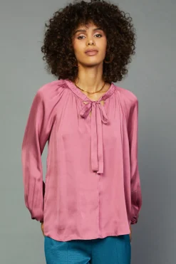 Current Air Long Sleeve Tops-Gathered Bow Tie Blouse MULBERRY