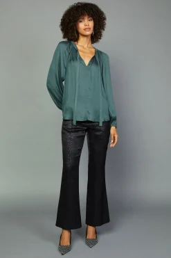 Current Air Long Sleeve Tops-Gathered Bow Tie Blouse FORESTGREEN