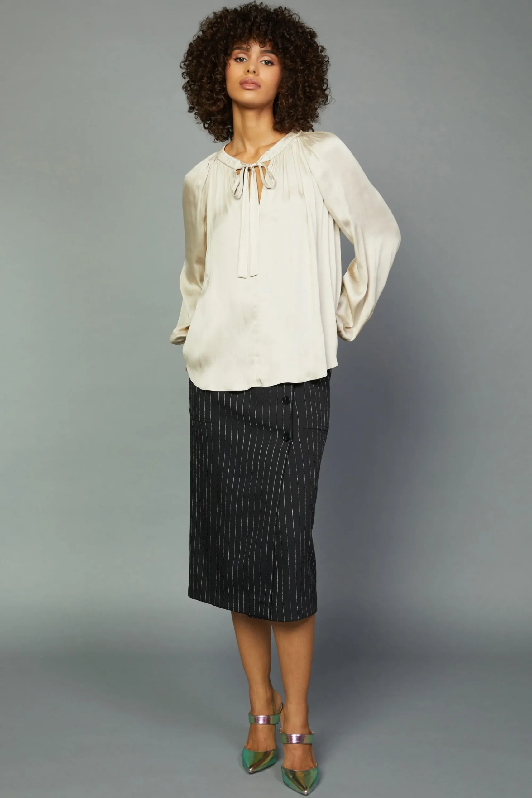 Current Air Long Sleeve Tops-Gathered Bow Tie Blouse CREAM