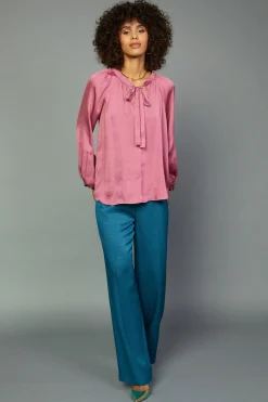 Current Air Long Sleeve Tops-Gathered Bow Tie Blouse MULBERRY
