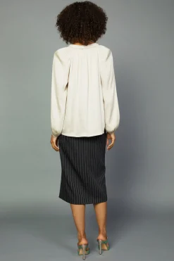 Current Air Long Sleeve Tops-Gathered Bow Tie Blouse CREAM