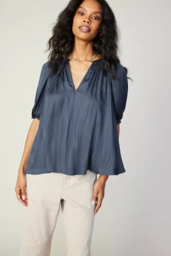 Current Air Short Sleeve Tops-Gathered Neckline Blouse SLATENAVY
