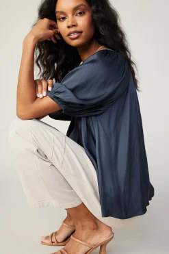 Current Air Short Sleeve Tops-Gathered Neckline Blouse SLATENAVY