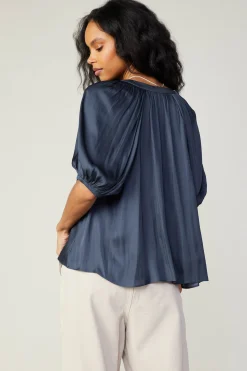 Current Air Short Sleeve Tops-Gathered Neckline Blouse SLATENAVY