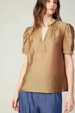 Current Air Short Sleeve Tops-Gathered Sleeve Blouse LATTE