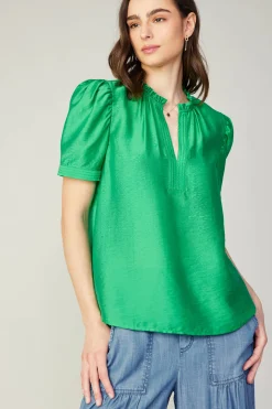 Current Air Short Sleeve Tops-Gathered Sleeve Blouse GREEN