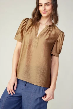 Current Air Short Sleeve Tops-Gathered Sleeve Blouse LATTE