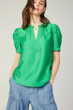 Current Air Short Sleeve Tops-Gathered Sleeve Blouse GREEN
