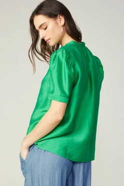 Current Air Short Sleeve Tops-Gathered Sleeve Blouse GREEN