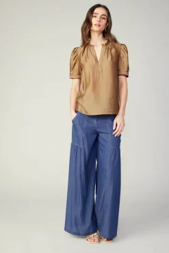 Current Air Short Sleeve Tops-Gathered Sleeve Blouse LATTE