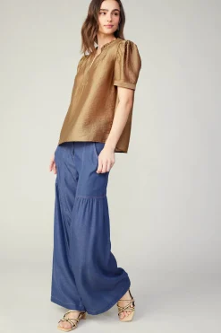 Current Air Short Sleeve Tops-Gathered Sleeve Blouse LATTE