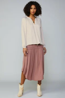 Current Air Long Sleeve Tops-Gathered Split Neck Blouse LIGHTTAUPE