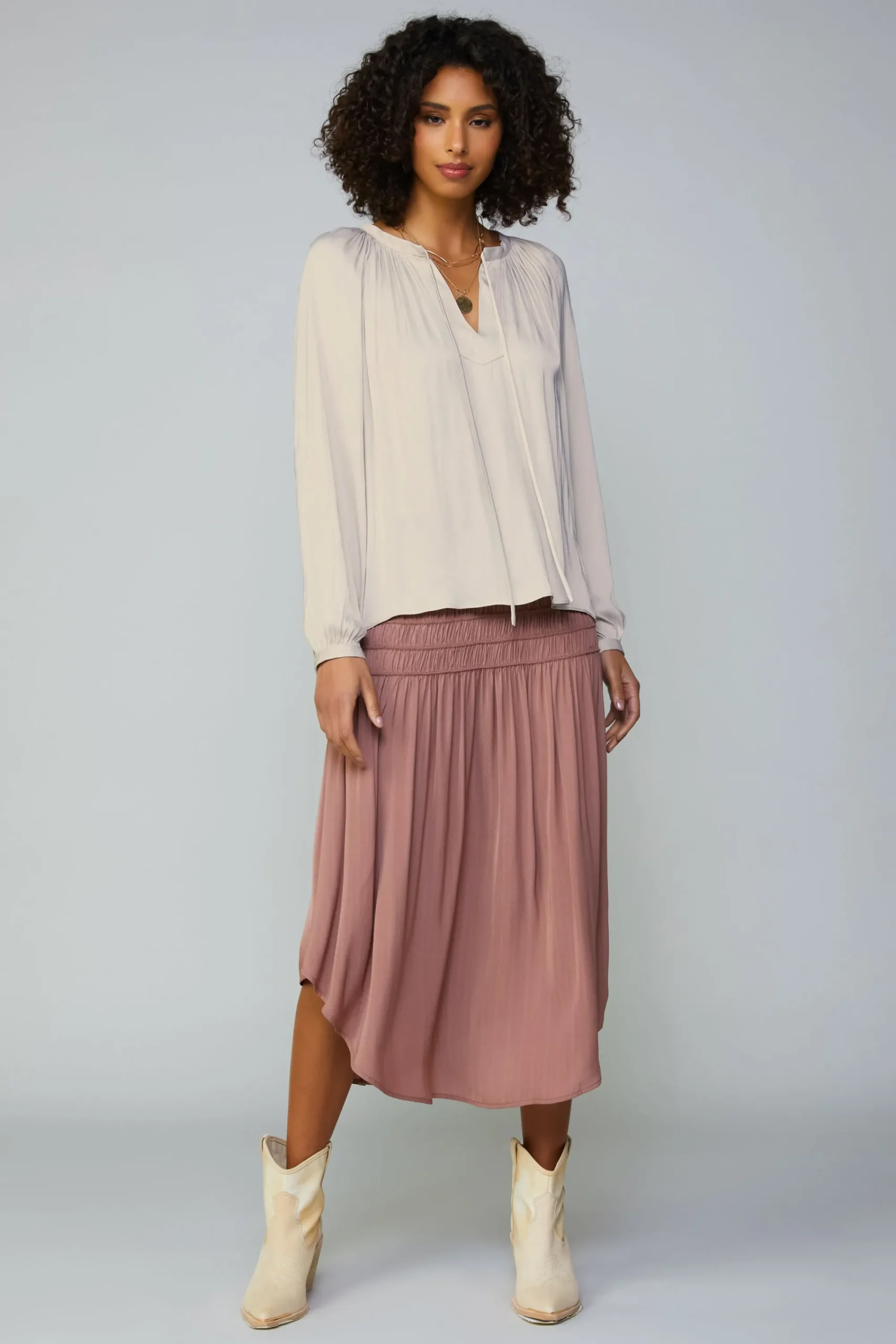 Current Air Long Sleeve Tops-Gathered Split Neck Blouse LIGHTTAUPE
