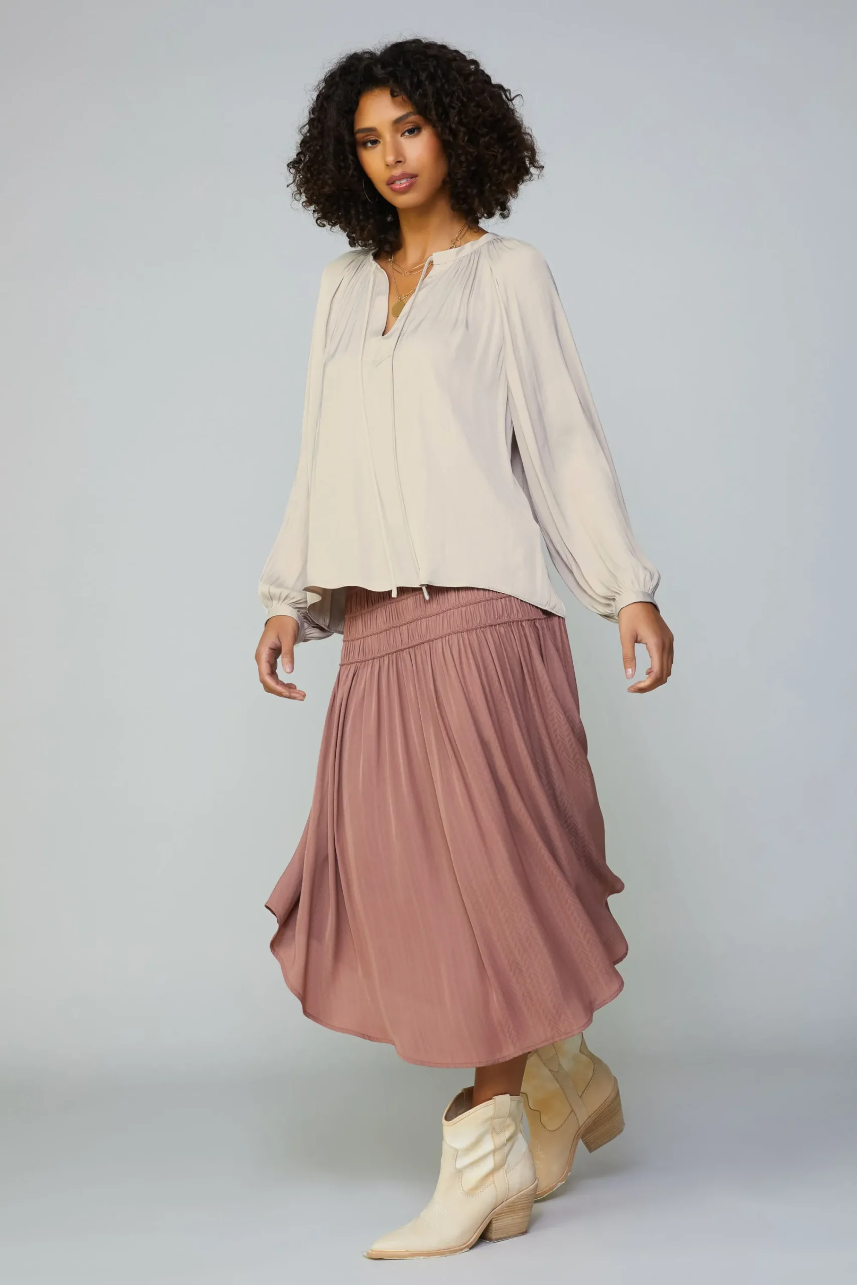 Current Air Long Sleeve Tops-Gathered Split Neck Blouse LIGHTTAUPE