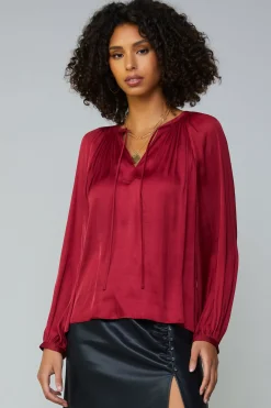 Current Air Long Sleeve Tops-Gathered Splitneck Blouse RUBY