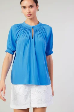 Current Air Short Sleeve Tops-Gathered Yoke Blouse FADEDBLUE