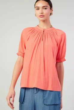 Current Air Short Sleeve Tops-Gathered Yoke Blouse CORAL