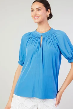 Current Air Short Sleeve Tops-Gathered Yoke Blouse FADEDBLUE