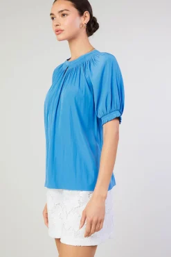 Current Air Short Sleeve Tops-Gathered Yoke Blouse FADEDBLUE