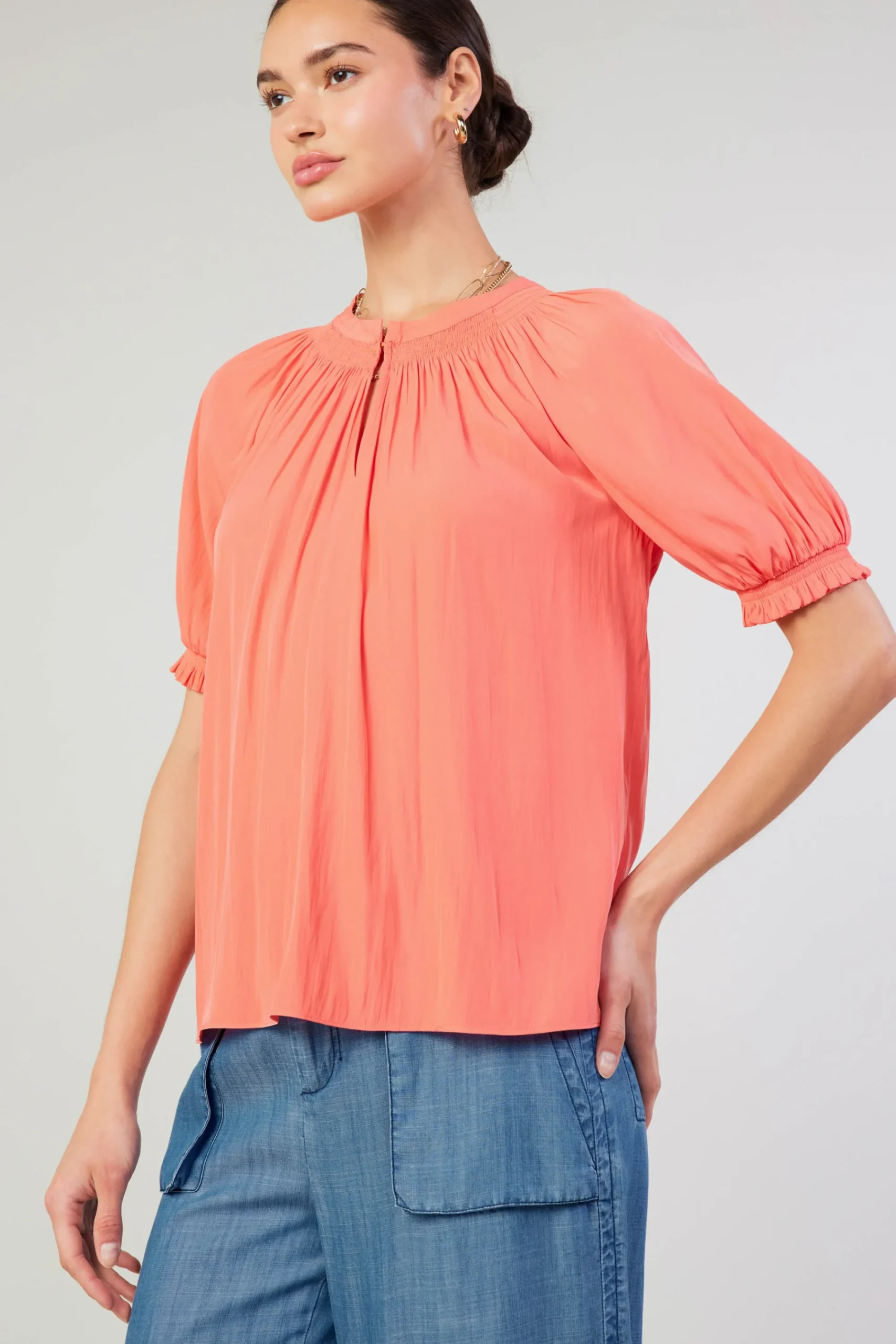 Current Air Short Sleeve Tops-Gathered Yoke Blouse CORAL