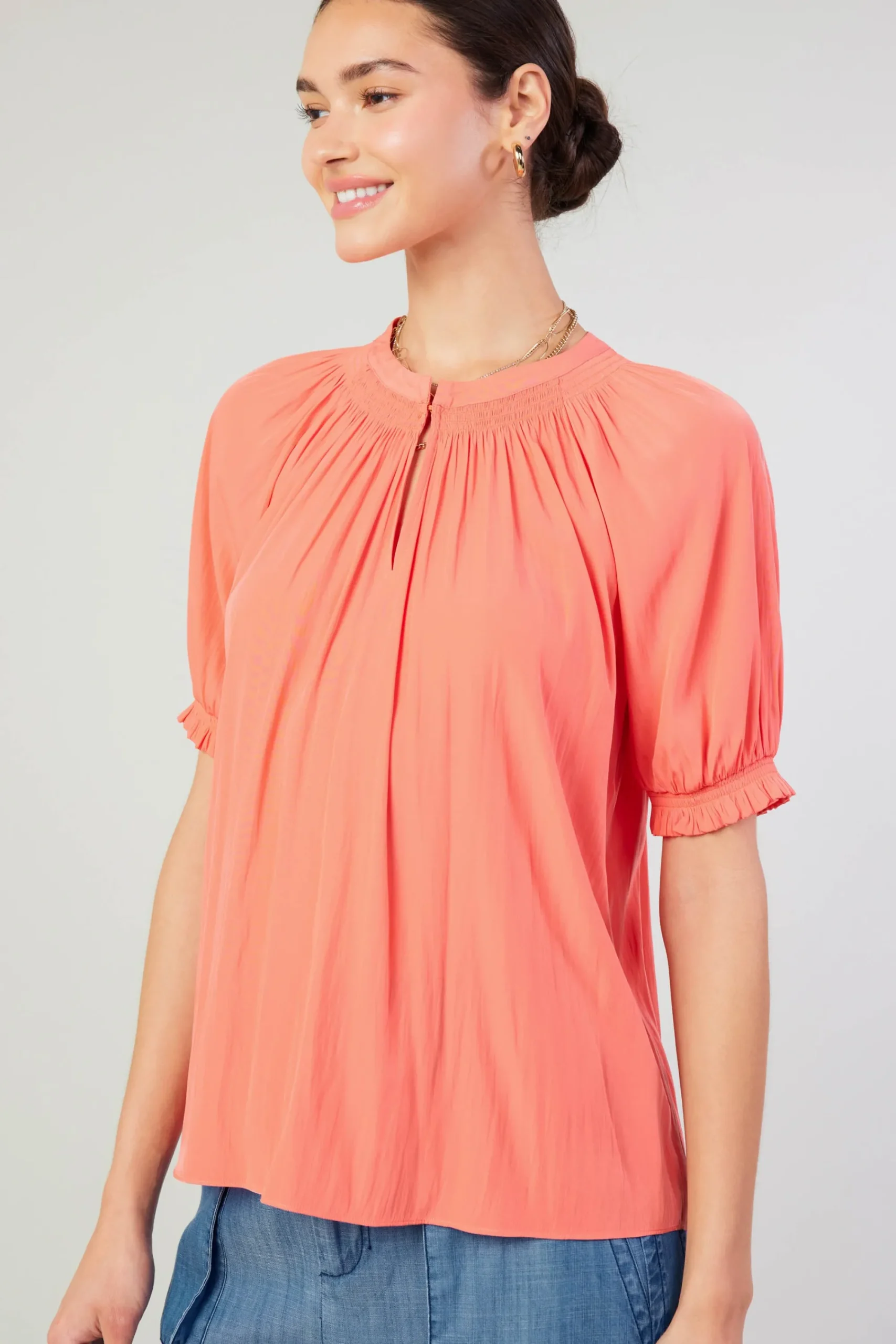 Current Air Short Sleeve Tops-Gathered Yoke Blouse CORAL
