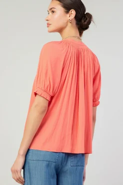 Current Air Short Sleeve Tops-Gathered Yoke Blouse CORAL